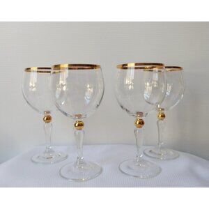Set Of 4 Crystal Clear  Gold Wine Glasses  Gold Trim 6"3/4